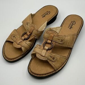 Clarks Bendables Leather Slide Sandals Slip On Women 9M Tan Comfort Casual 60276
